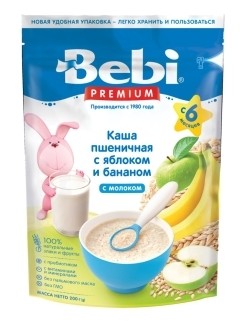 Детская каша Bebi Premium молочная пшеничная с яблоком и бананом 250гр