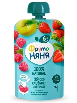 Фрутоняня пюре пауч яблоко малина клубника.,90 гр с 6 мес