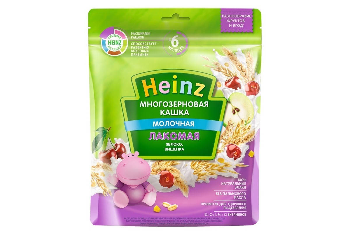 Каша для детей Heinz Лакомая Многозерновая, молочная, с яблоком и вишней, с 6 месяцев, 170 г