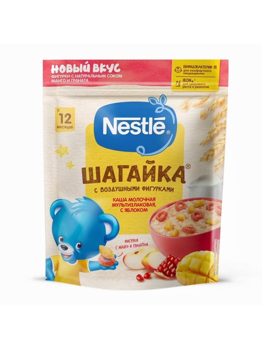 NESTLE / Каша Шагайка молочная мультизлаковая с яблоком и фигурками манго, гранат с 12 мес.