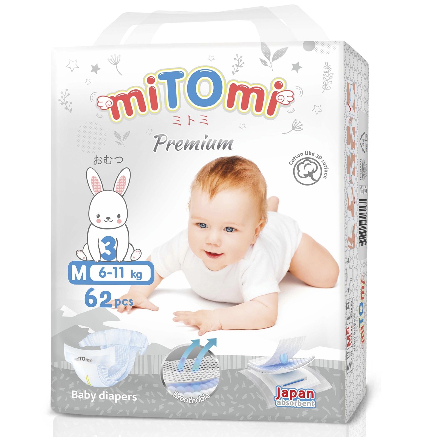  miTOmi Premiu подгузники на липучках  М 6-10 кг 62 шт