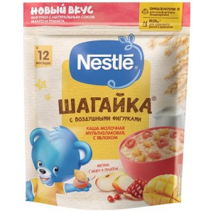 Каша Nestlé молочная Шагайка мультизлаковая с яблоком и пшеничными фигурками с гранатом и манго, с 12 месяцев 