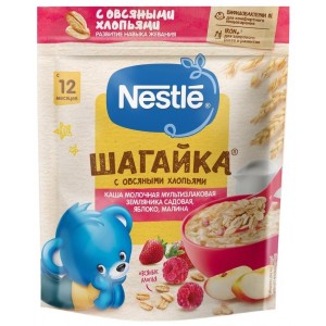 Каша Nestlé молочная Шагайка мультизлаковая с овсяными хлопьями земляника садовая, яблоко, малина, с 12 месяцев