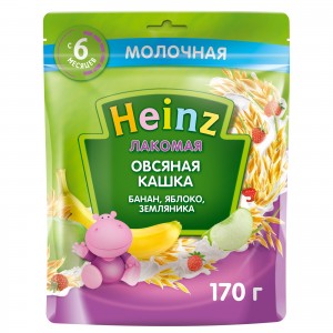 Каша для детей Heinz, молочная, лакомая, овсяная, с яблоками, бананами и земляникой, с 6 месяцев, 170 г 